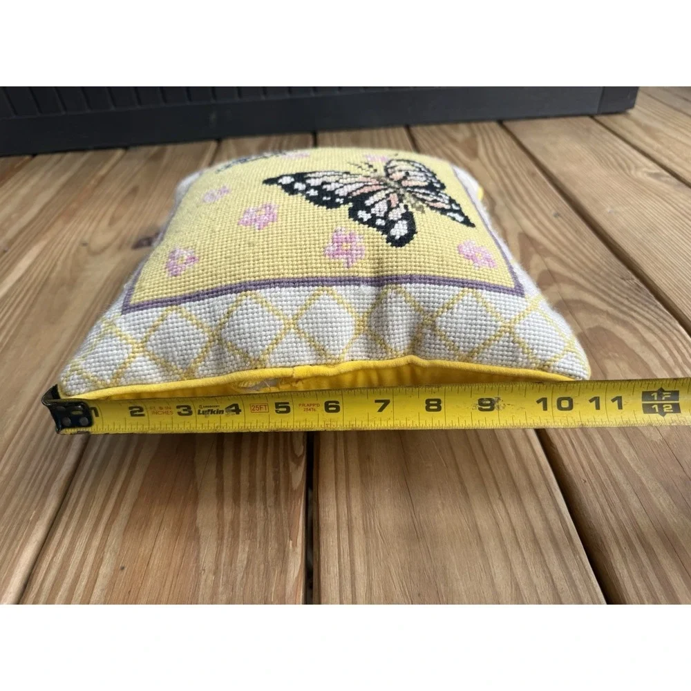 Vintage MCM Needlepoint Tapestry Throw Pillow Daisies Butterflies yellow BOHO